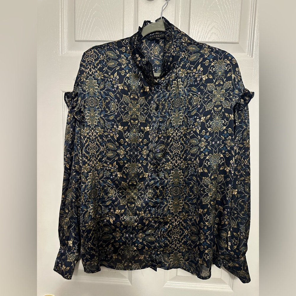 DownEast Navy and Gold Floral Blouse